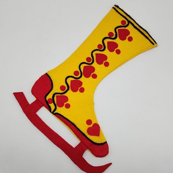 Vintage Handmade Yellow Felt Ice Skate Stocking Red Heart Design Red Applique - Picture 1 of 5